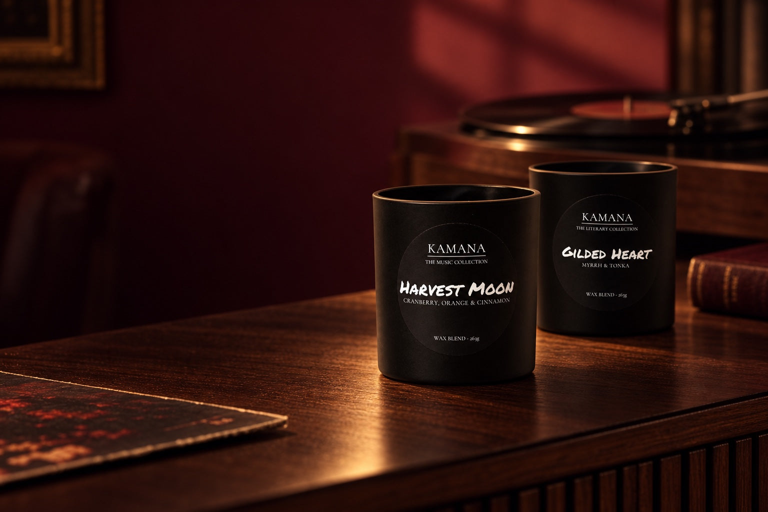 Harvest Moon and Gilded Heart candles in a listening-room setting